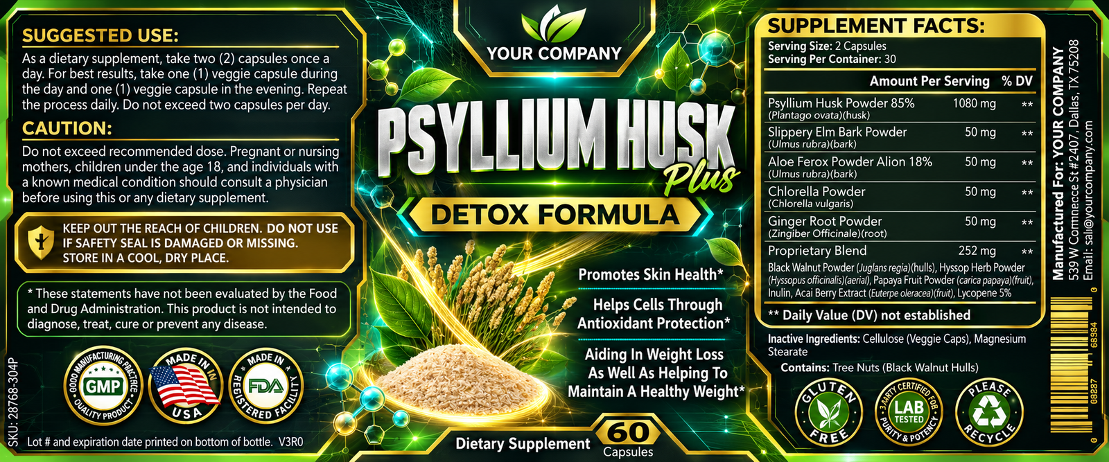Psyllium Husk Plus Supplement Label – Futuristic & Neon Design