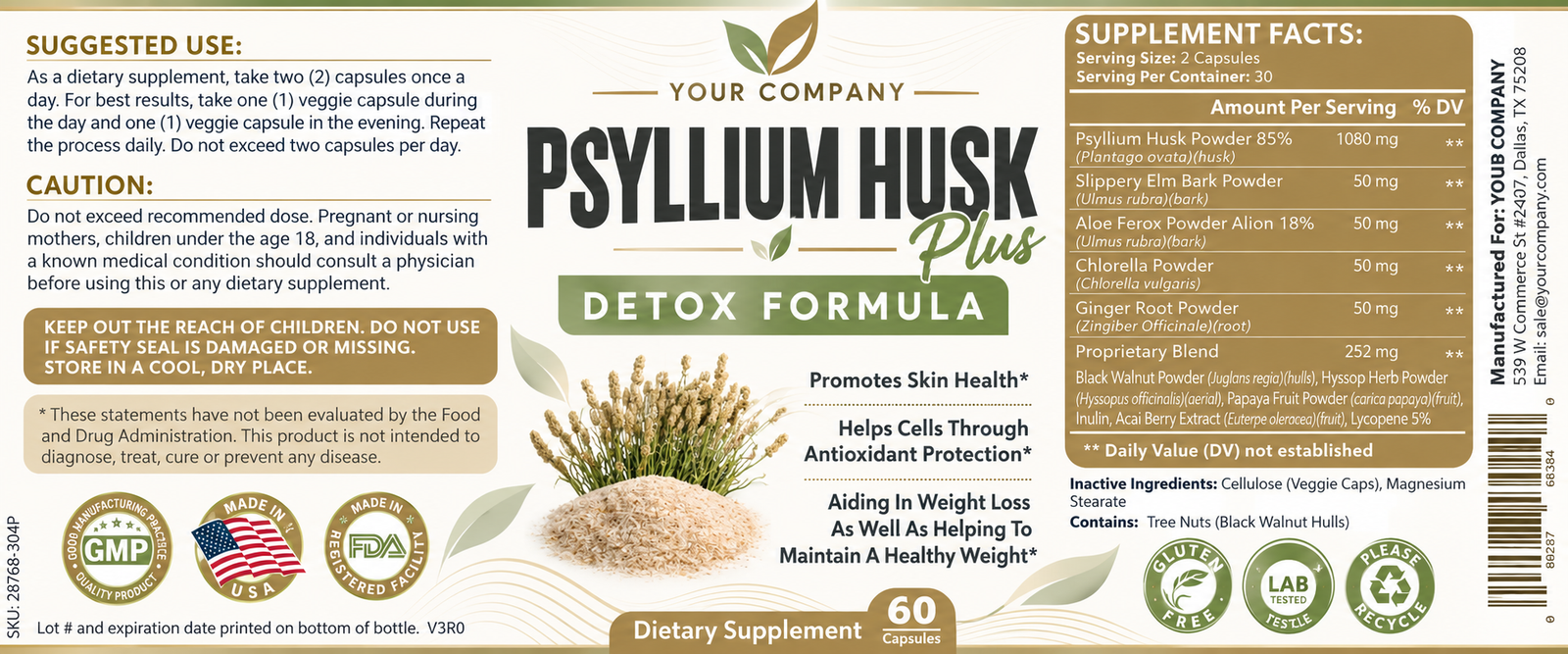 Psyllium Husk Plus Supplement Label – Modern & Clean Design