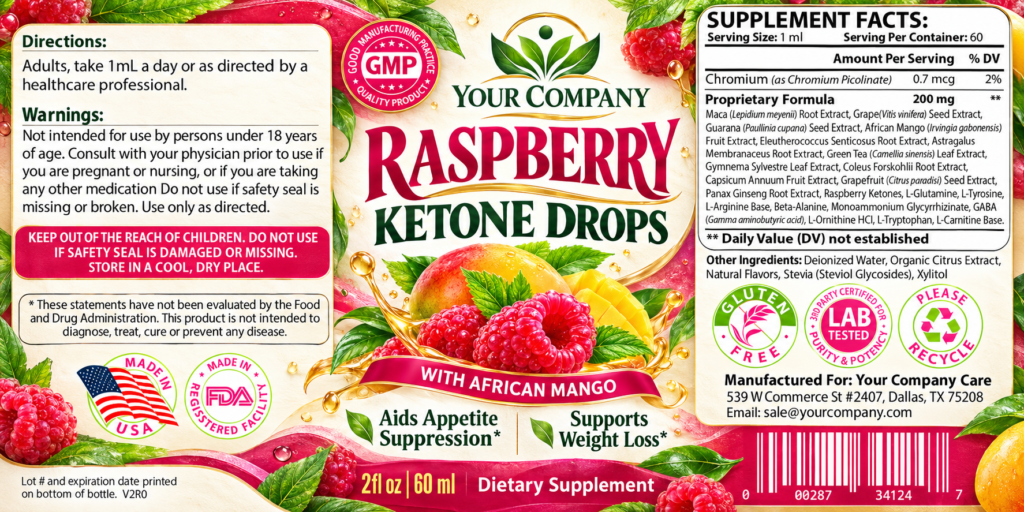 Raspberry Ketone Drops Supplement Label – Botanical & Natural Design