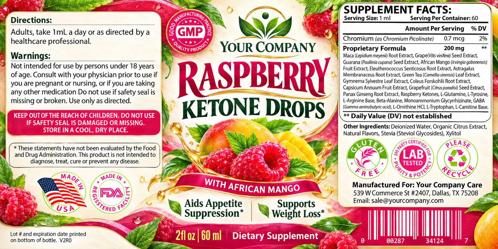 Raspberry Ketone Drops Supplement Label – Botanical & Natural Design