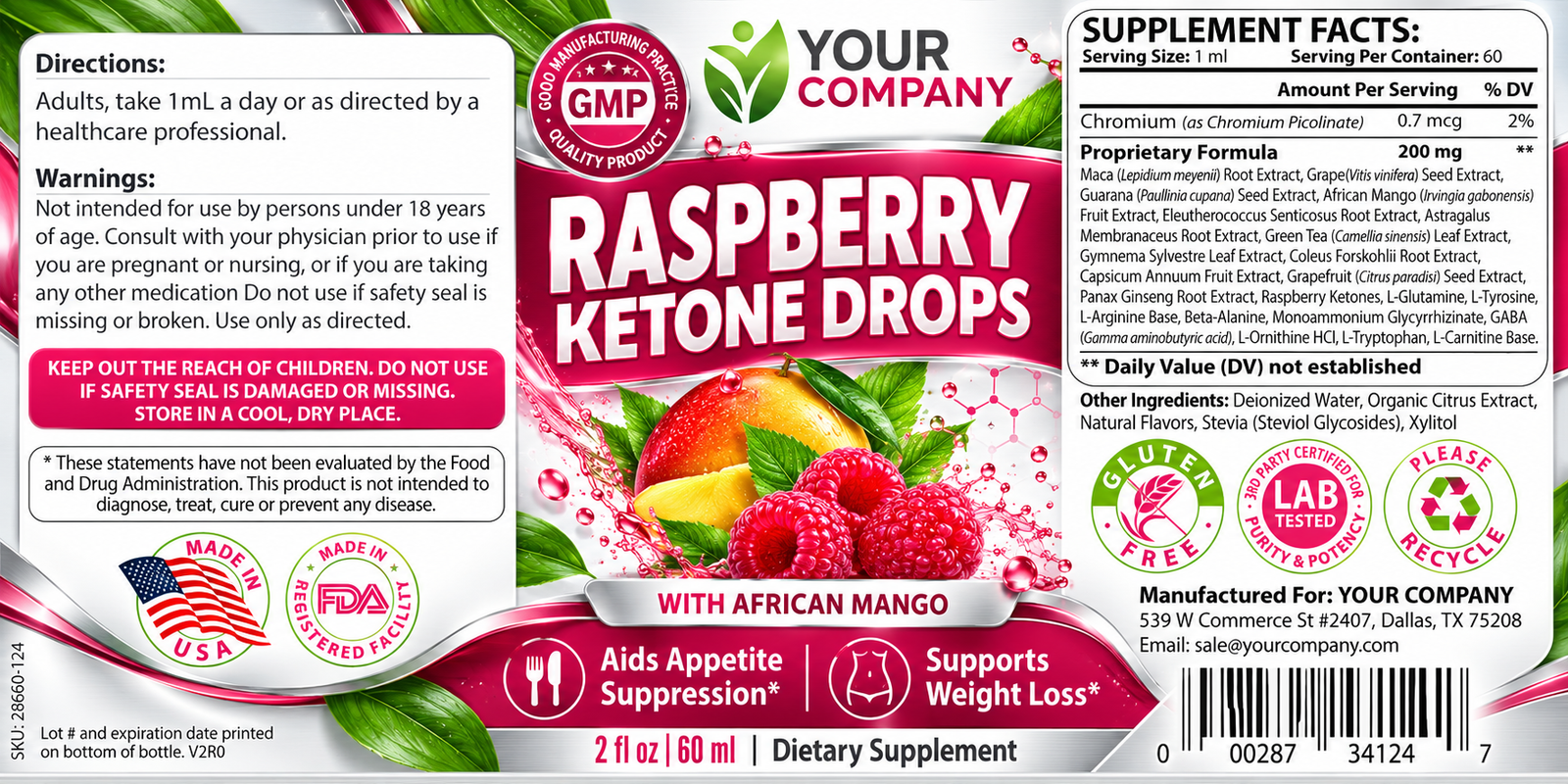 Raspberry Ketone Drops Supplement Label – Classic & Elegant Design