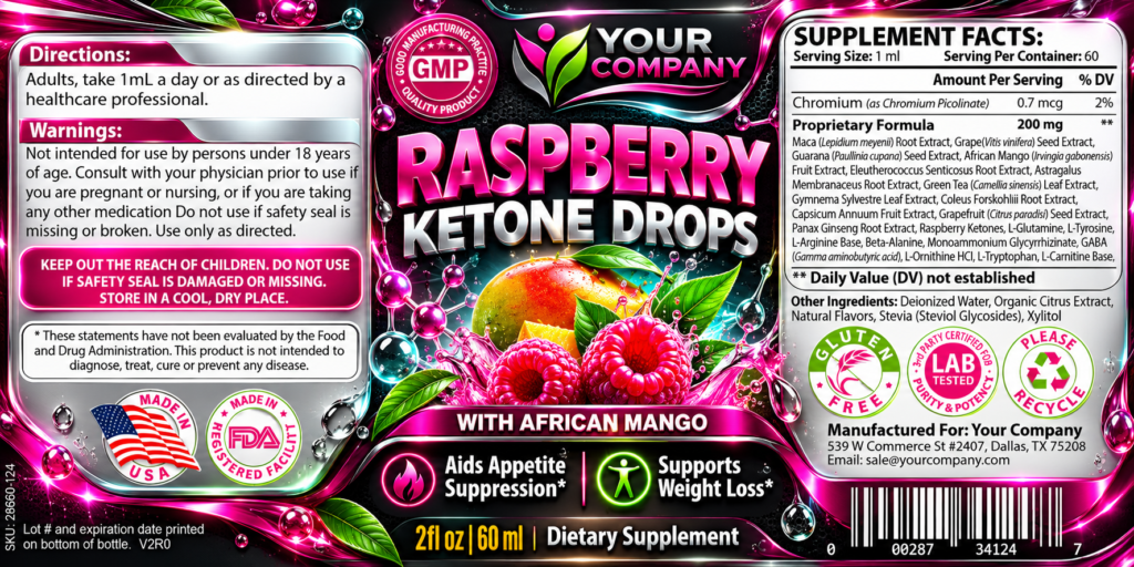 Raspberry Ketone Drops Supplement Label – Futuristic & Neon Design