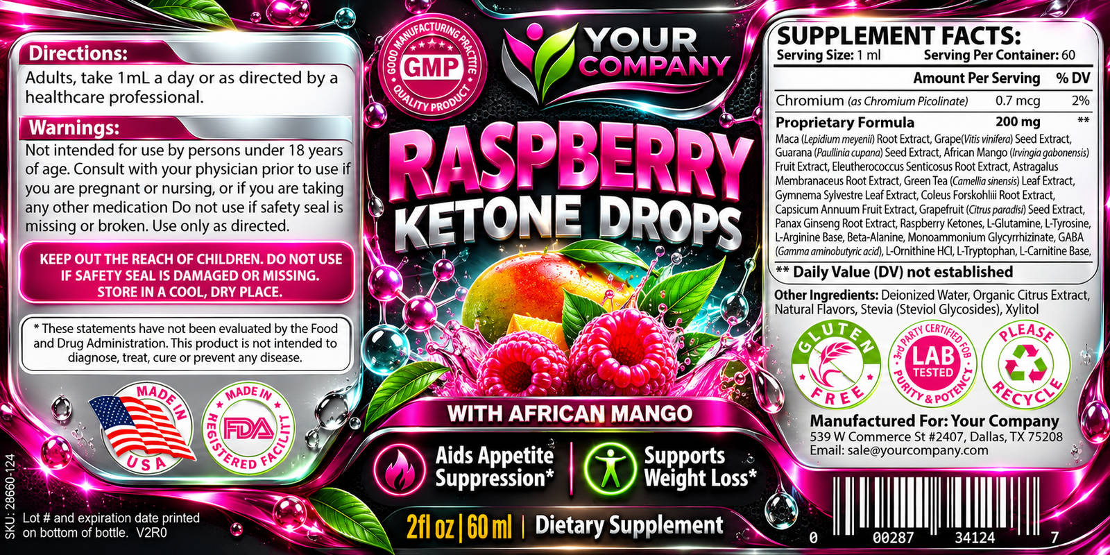 Raspberry Ketone Drops Supplement Label – Futuristic & Neon Design
