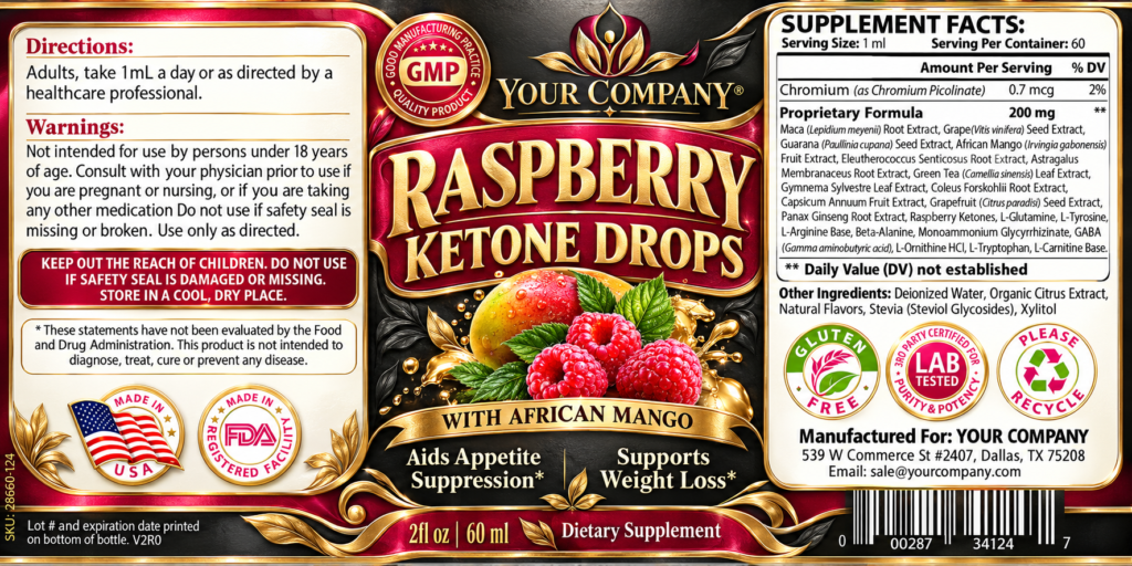 Raspberry Ketone Drops Supplement Label – Luxury & Premium Design