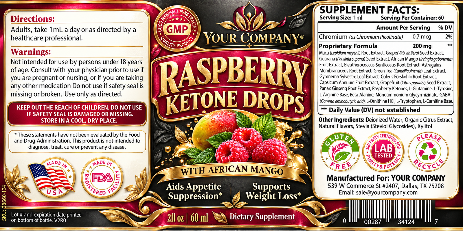 Raspberry Ketone Drops Supplement Label – Luxury & Premium Design