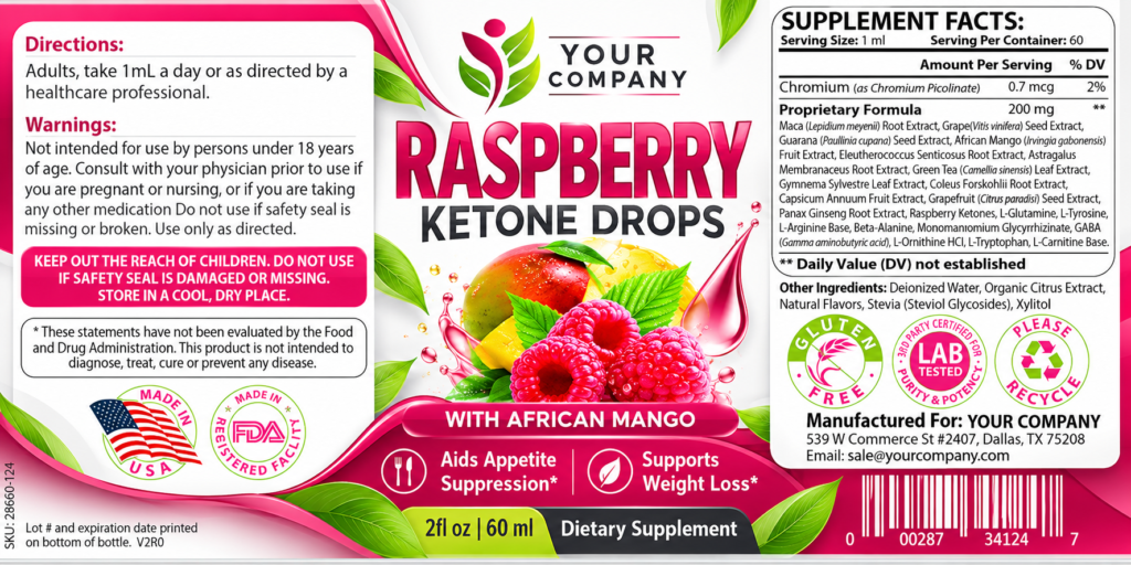 Raspberry Ketone Drops Supplement Label – Modern & Clean Design