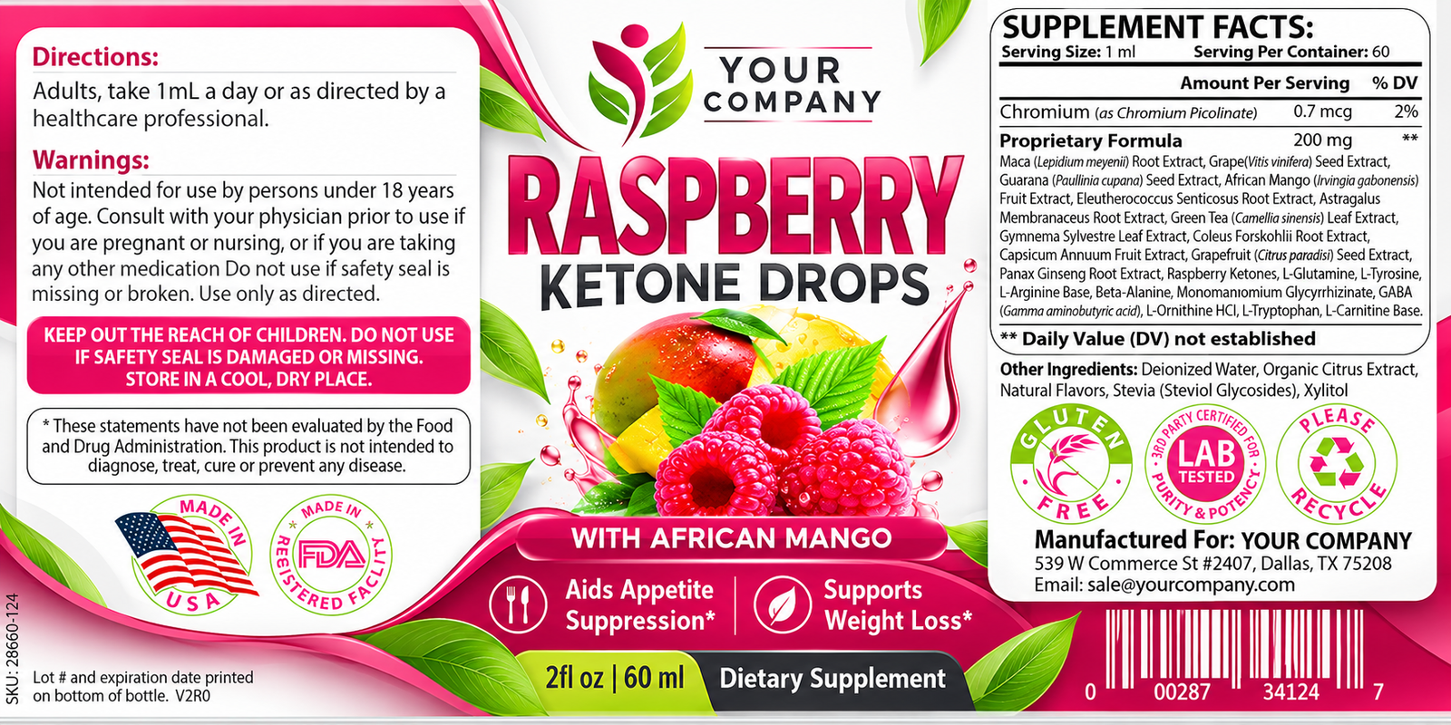 Raspberry Ketone Drops Supplement Label – Modern & Clean Design