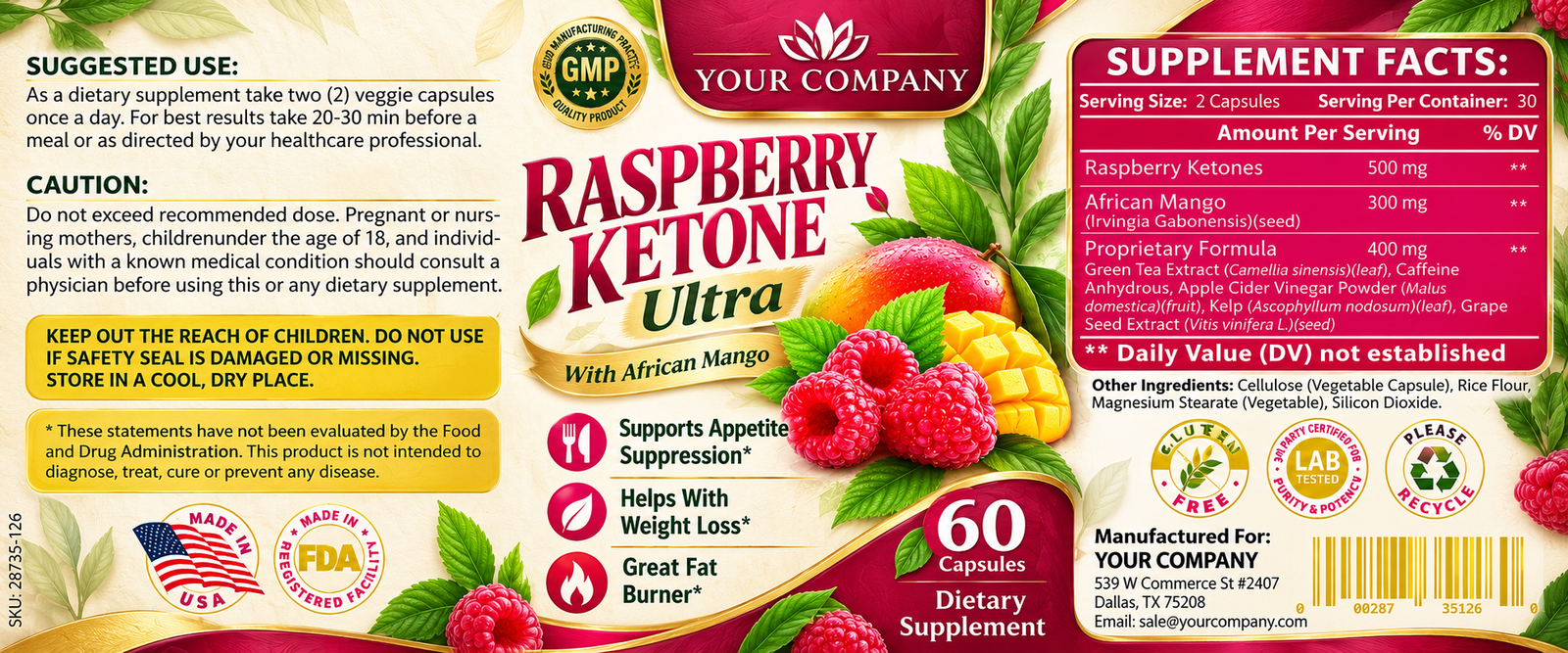 Raspberry Ketone Ultra Supplement Label – Botanical & Natural Design