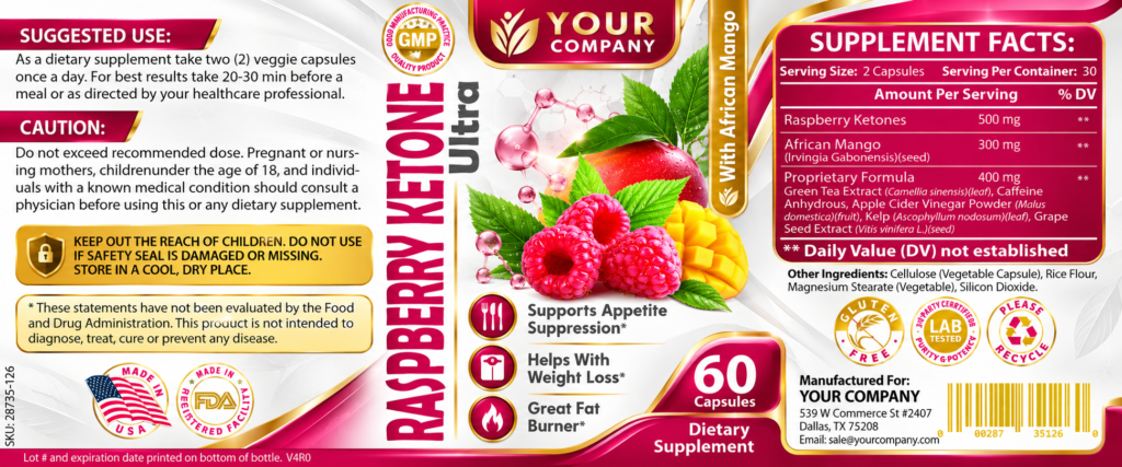Raspberry Ketone Ultra Supplement Label – Classic & Elegant Design