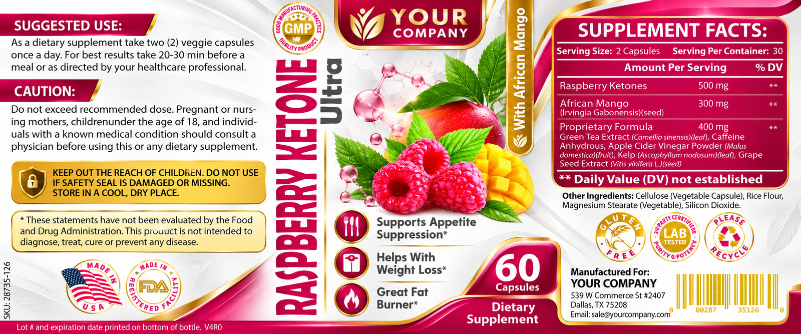 Raspberry Ketone Ultra Supplement Label – Classic & Elegant Design