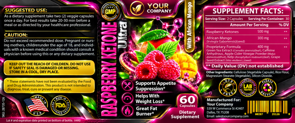 Raspberry Ketone Ultra Supplement Label – Futuristic & Neon Design