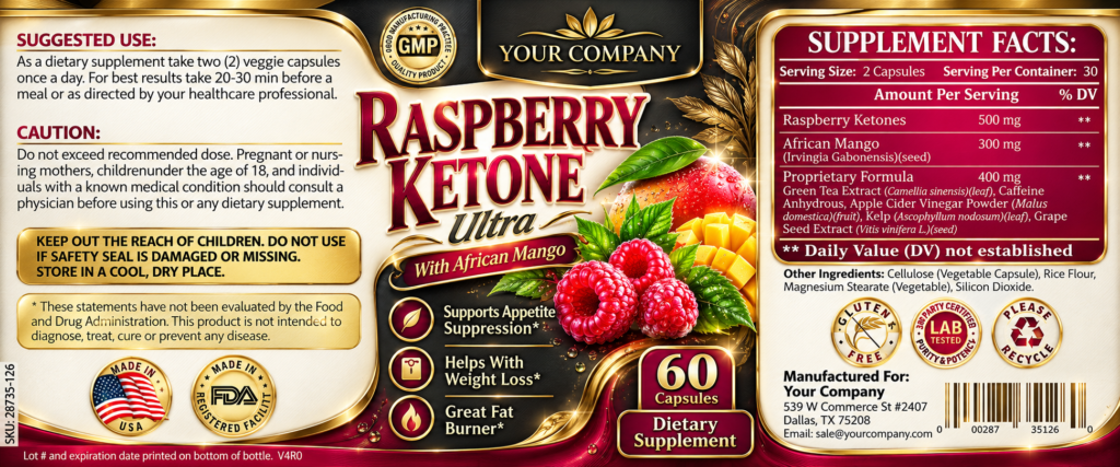 Raspberry Ketone Ultra Supplement Label – Luxury & Premium Design