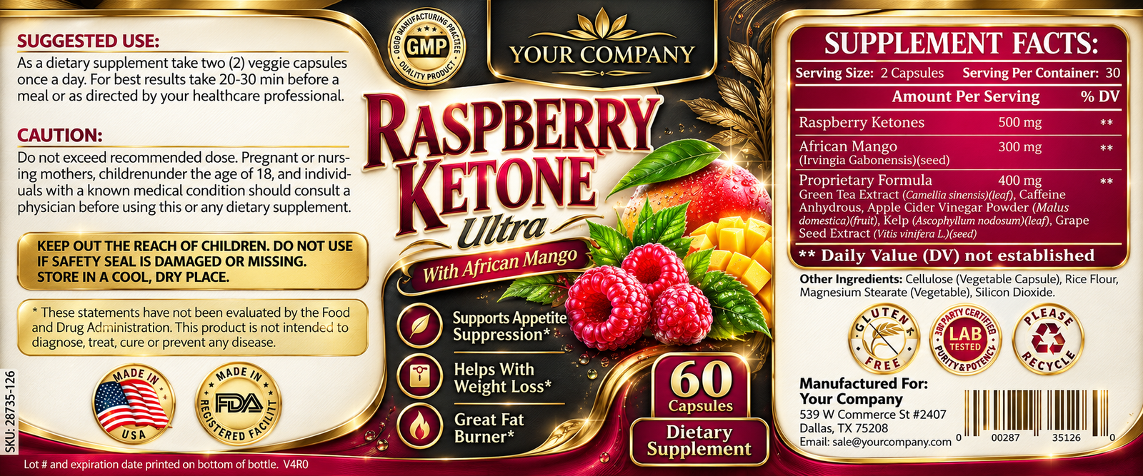 Raspberry Ketone Ultra Supplement Label – Luxury & Premium Design