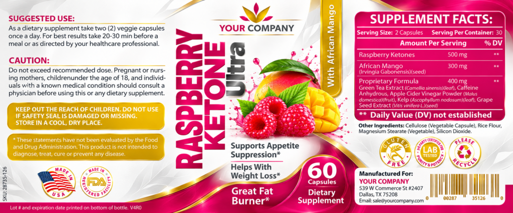 Raspberry Ketone Ultra Supplement Label – Modern & Clean Design