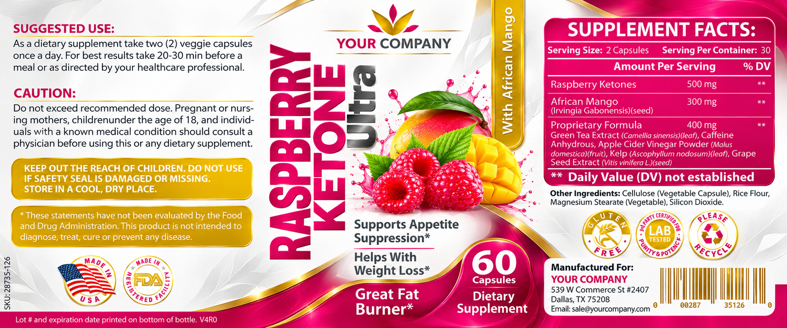 Raspberry Ketone Ultra Supplement Label – Modern & Clean Design