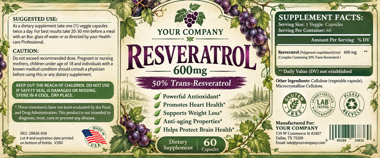 Resveratrol Supplement Label – Botanical & Natural Design