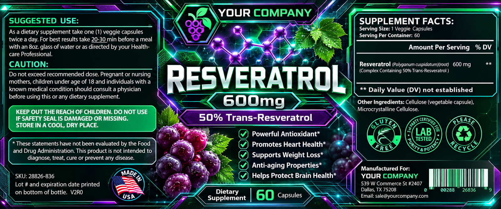 Resveratrol Supplement Label – Futuristic & Neon Design