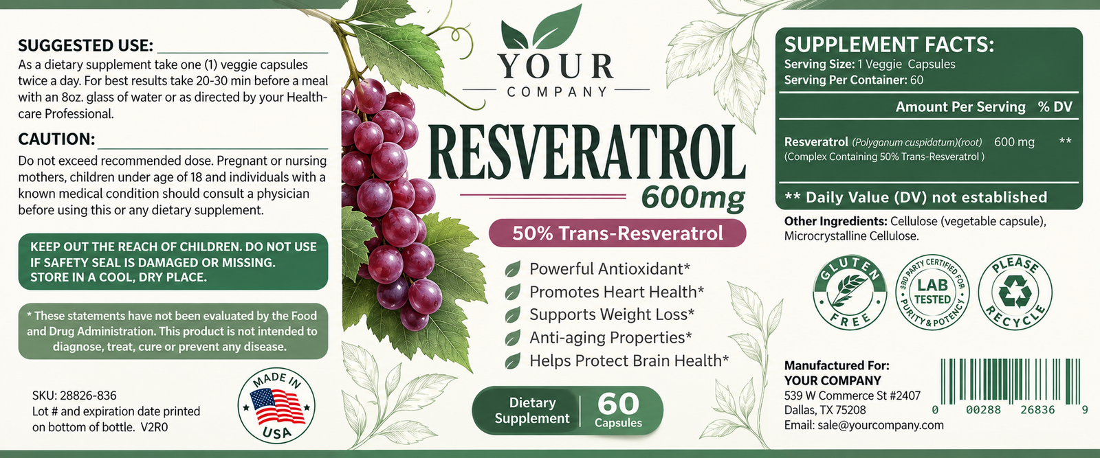 Resveratrol Supplement Label – Modern & Clean Design