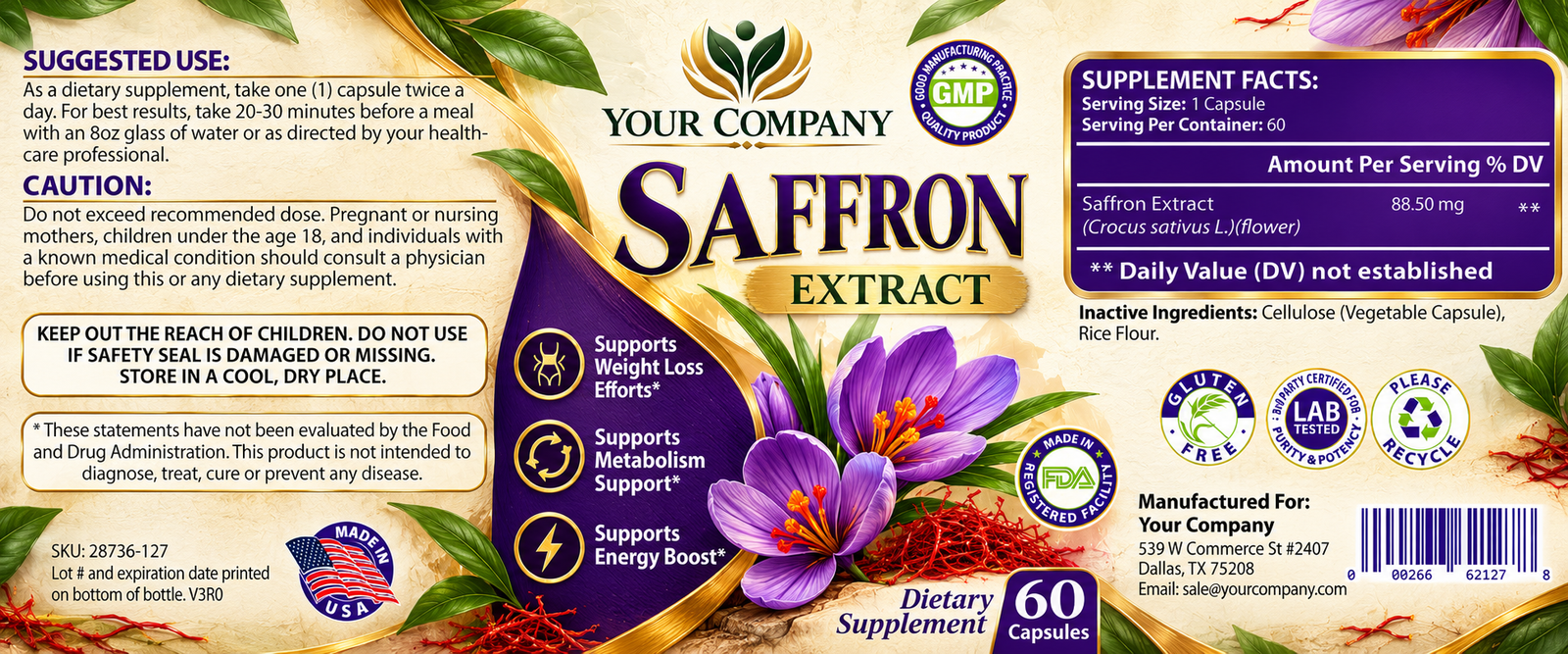 Saffron Pure Supplement Label – Botanical & Natural Design