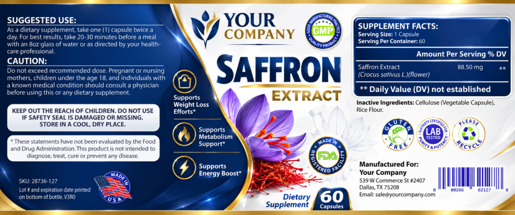 Saffron Pure Supplement Label – Classic & Elegant Design