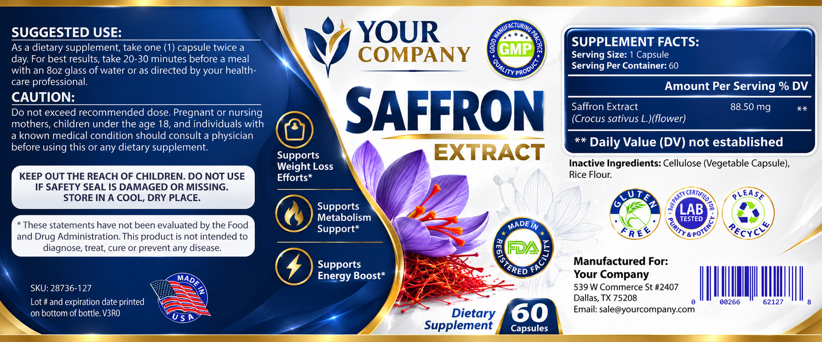 Saffron Pure Supplement Label – Classic & Elegant Design