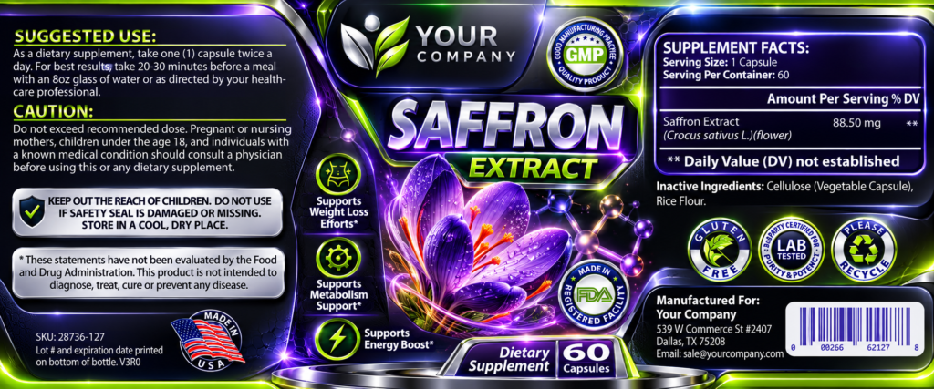 Saffron Pure Supplement Label – Futuristic & Neon Design