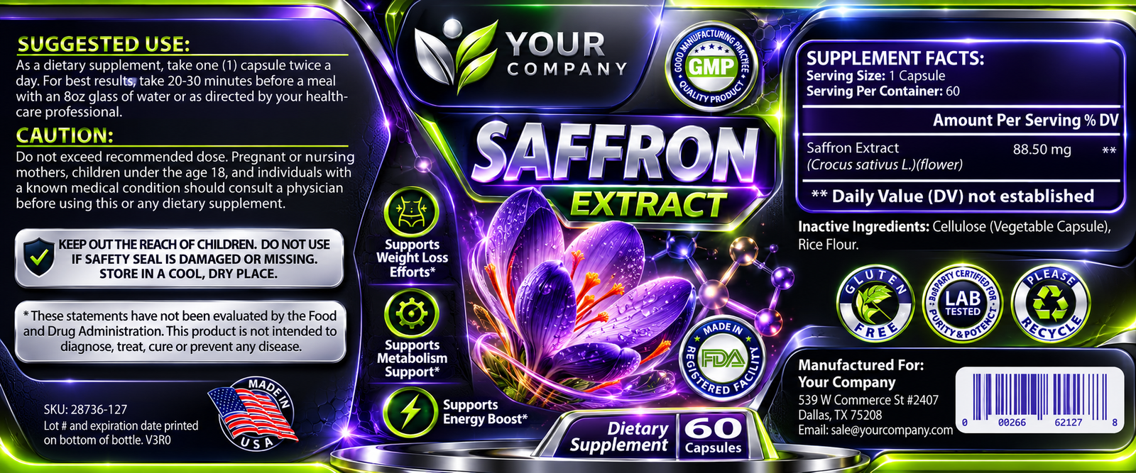 Saffron Pure Supplement Label – Futuristic & Neon Design