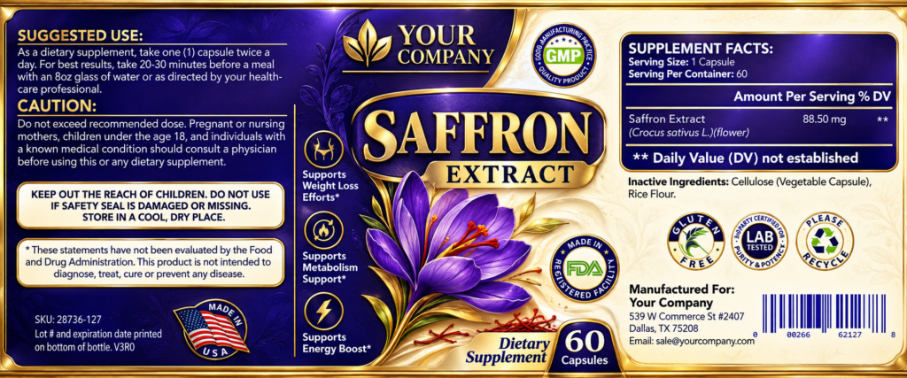 Saffron Pure Supplement Label – Luxury & Premium Design