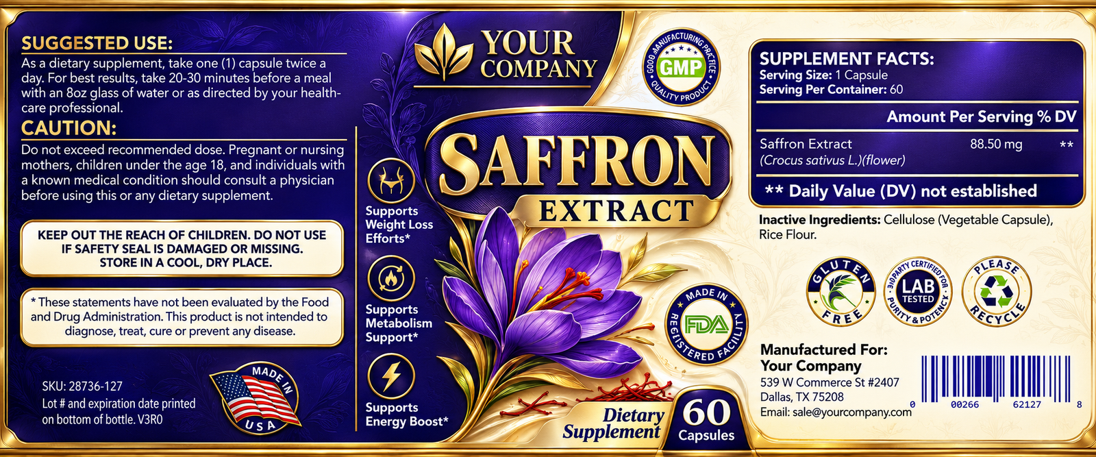 Saffron Pure Supplement Label – Luxury & Premium Design