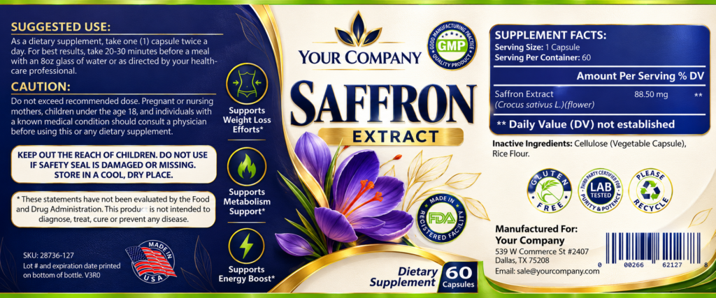 Saffron Pure Supplement Label – Modern & Clean Design