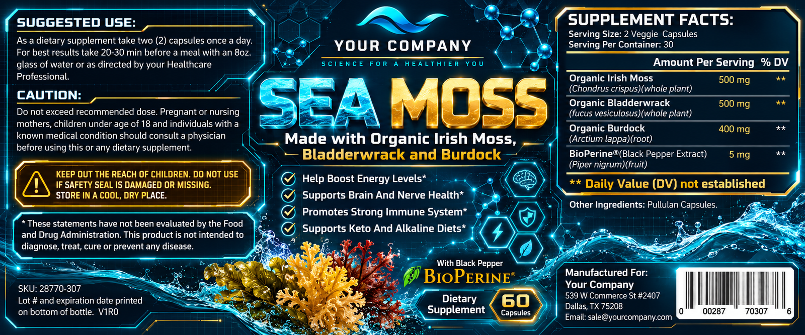 Sea Moss Supplement Label – Futuristic & Neon Design