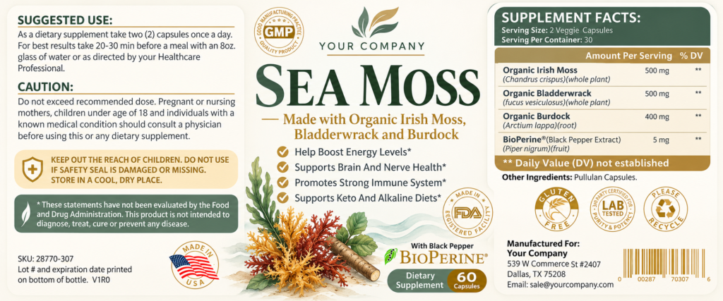 Sea Moss Supplement Label – Modern & Clean Design