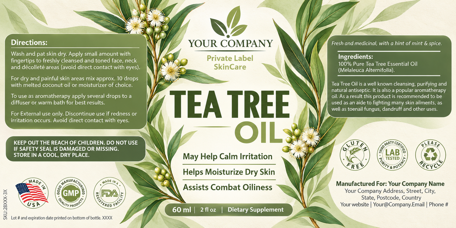 Tea Tree Oil Skin Care Label – Botanical & Natural Design