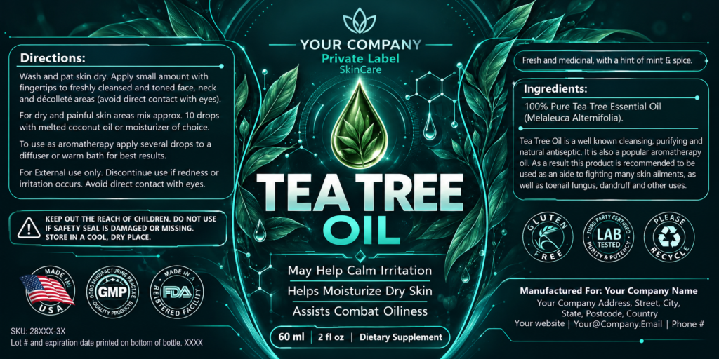 Tea Tree Oil Skin Care Label – Futuristic & Neon Design