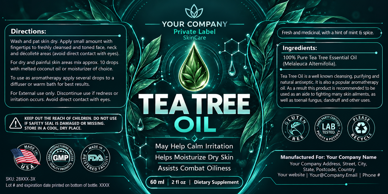 Tea Tree Oil Skin Care Label – Futuristic & Neon Design