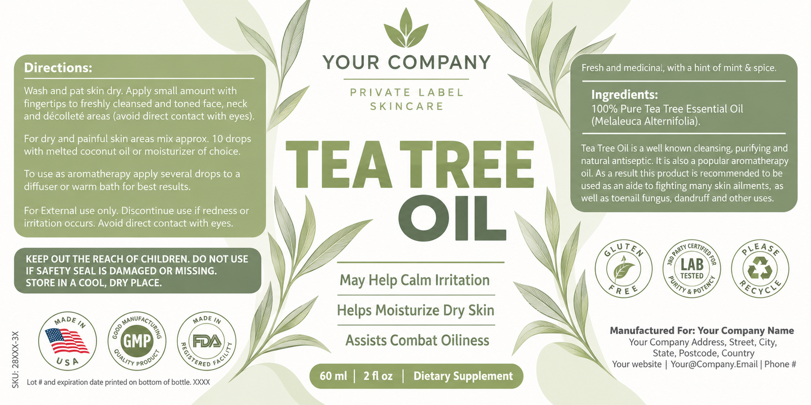 Tea Tree Oil Skin Care Label – Modern & Clean Design