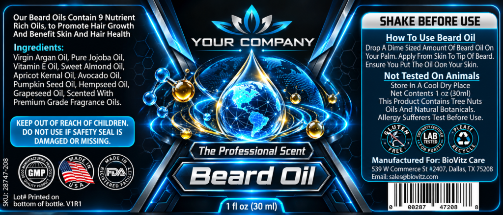 The Professional Beard Oil Label – Futuristic & Neon Design
