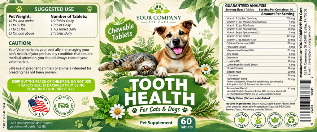 Tooth Health for Pets Supplement Label – Botanical & Natural Design