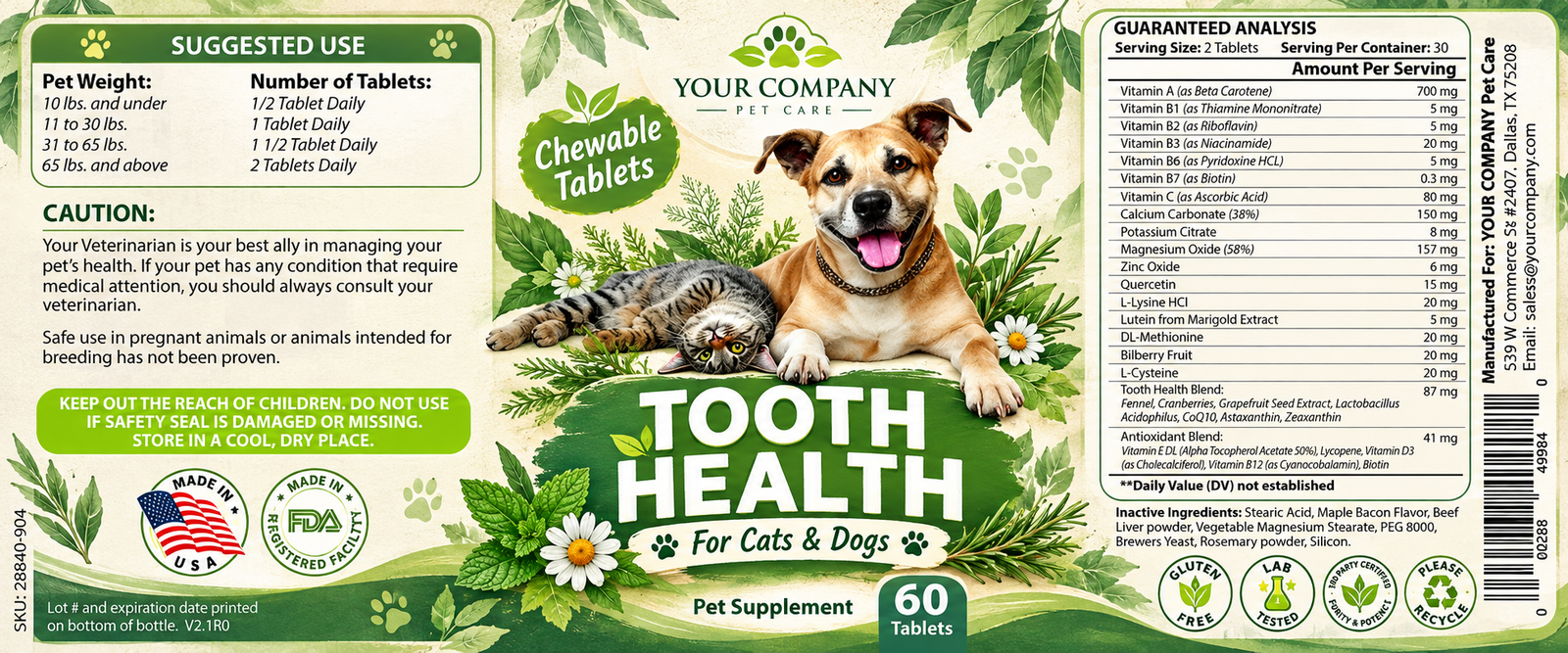Tooth Health for Pets Supplement Label – Botanical & Natural Design