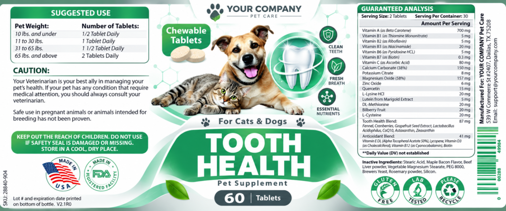 Tooth Health for Pets Supplement Label – Classic & Elegant Design