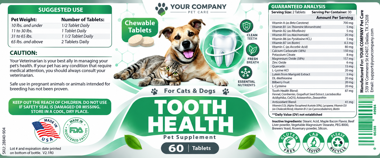 Tooth Health for Pets Supplement Label – Classic & Elegant Design