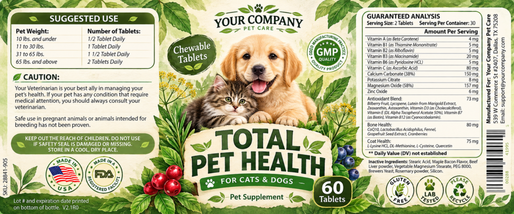 Total Pet Health Supplement Label – Botanical & Natural Design