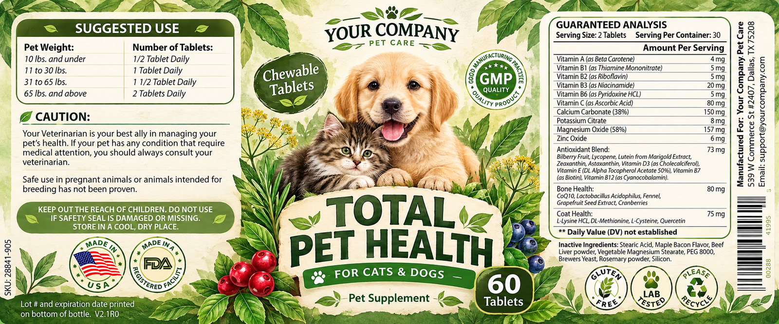 Total Pet Health Supplement Label – Botanical & Natural Design