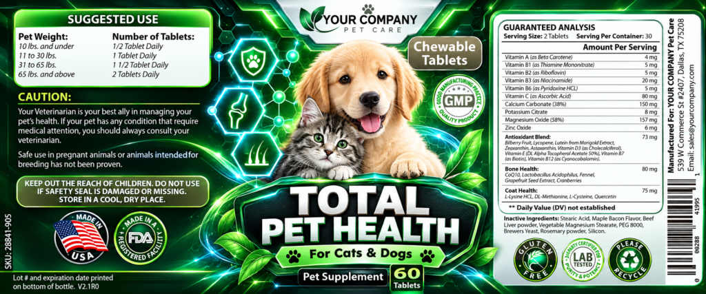 Total Pet Health Supplement Label – Futuristic & Neon Design