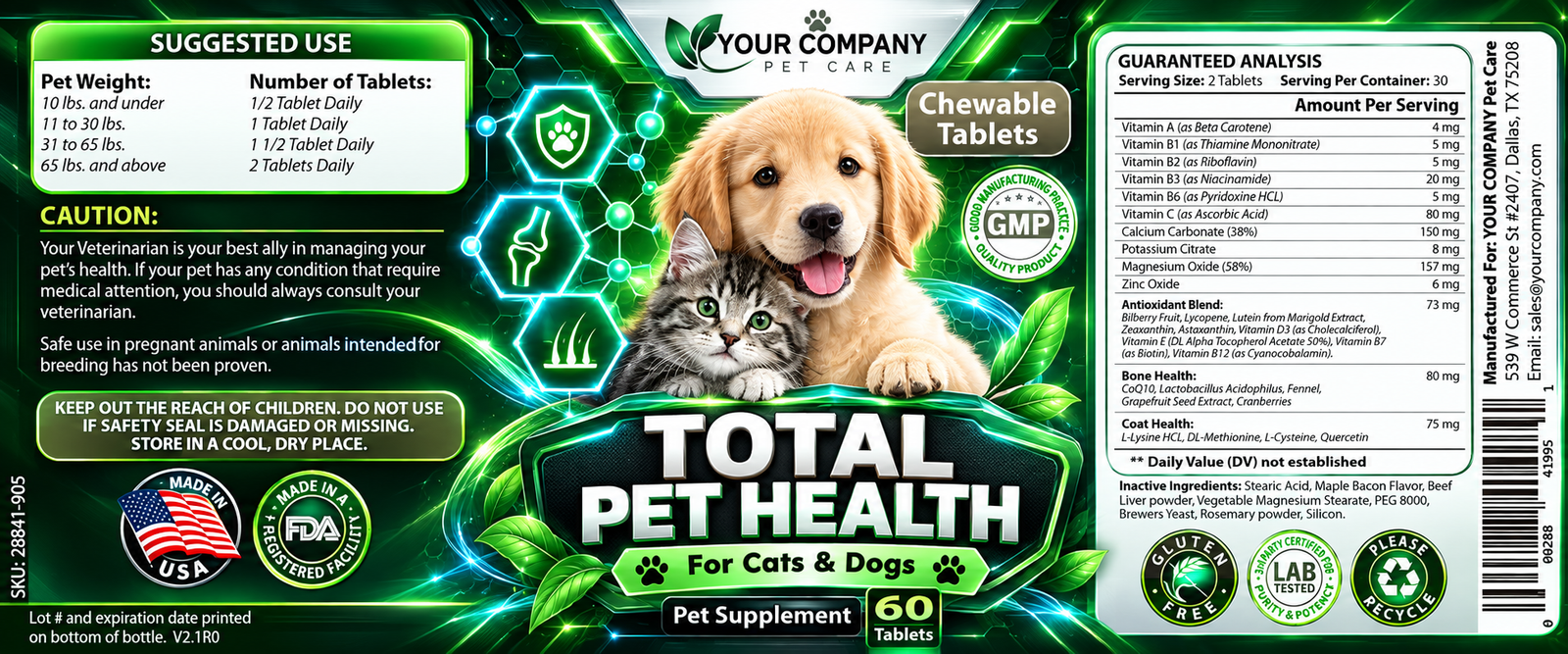 Total Pet Health Supplement Label – Futuristic & Neon Design