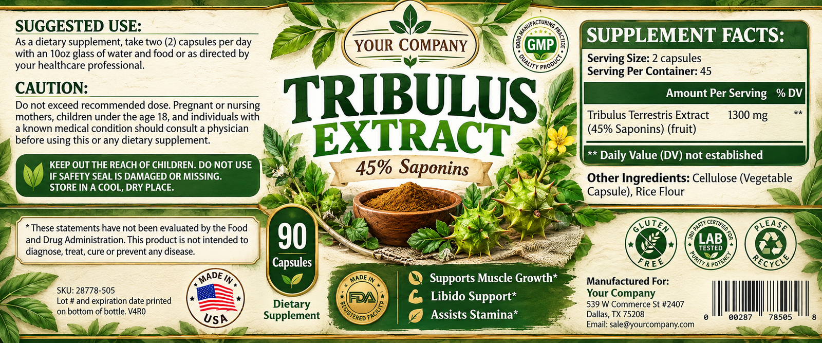 Tribulus Pure Supplement Label – Botanical & Natural Design
