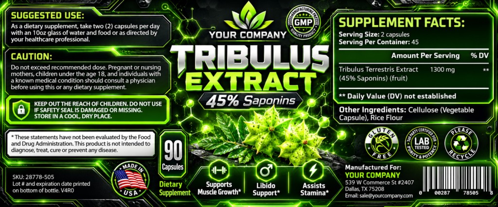 Tribulus Pure Supplement Label – Futuristic & Neon Design
