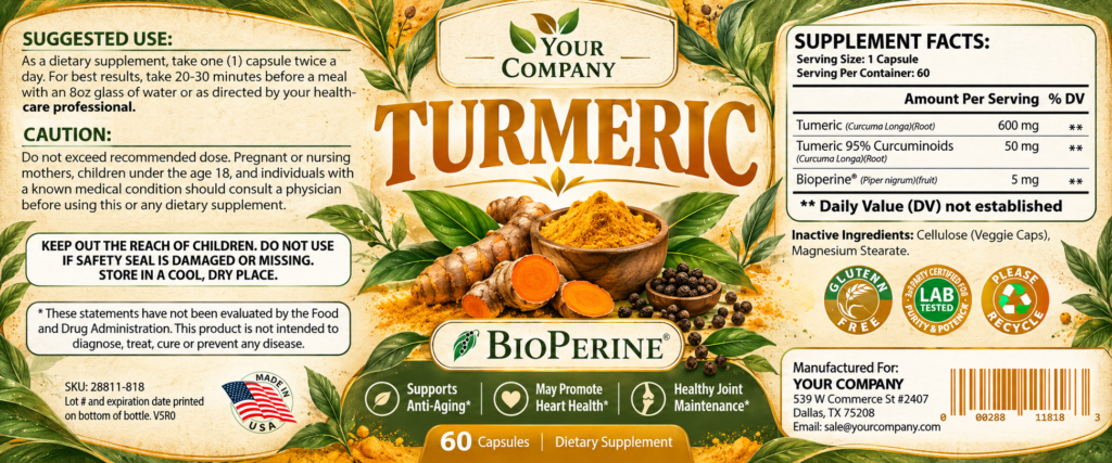 Turmeric with BioPerine Supplement Label – Botanical & Natural Design
