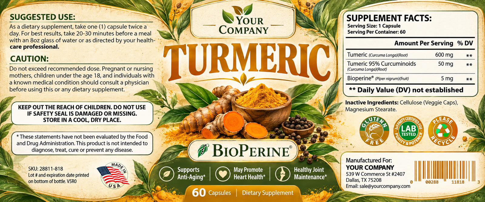 Turmeric with BioPerine Supplement Label – Botanical & Natural Design