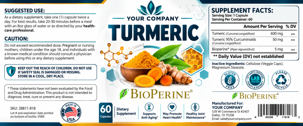 Turmeric with BioPerine Supplement Label – Classic & Elegant Design